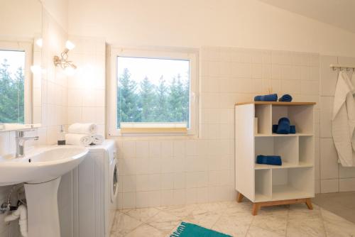 a white bathroom with a sink and a washing machine at Sun Valley Apartments in Maishofen