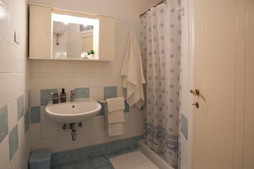 索利內的住宿－歐亨尼奧旅遊公寓，一间带水槽、镜子和淋浴的浴室