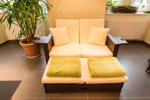 a wicker chair with pillows in a room with a plant at Schloß-Hotel Petry in Treis-Karden