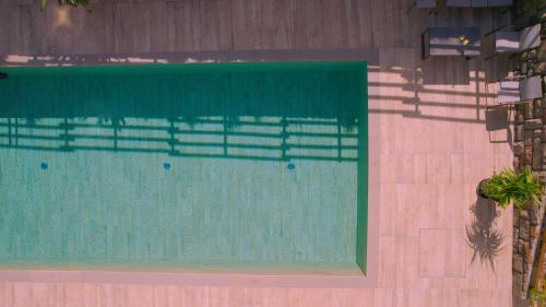 an empty swimming pool with a green wall at Vineus Tramin in Termeno