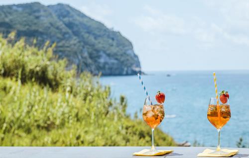 two wine glasses sitting on a table with a strawberry in them at Hotel Cava Dell'Isola in Ischia