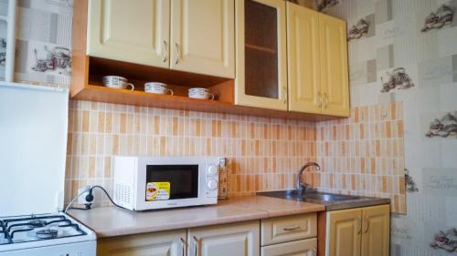 kuchnia z białą kuchenką mikrofalową i zlewem w obiekcie Аккуратная , чистая квартира на Пр Гагарина 169 w mieście Dniepr