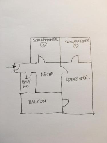 a drawing of a floor plan of a house at Baeckerei Mueller - große Unterkunft mit mid century Charme, zentral, sehr gut für Familien, privat, Stadt&Natur, Café im Haus in Heidenreichstein