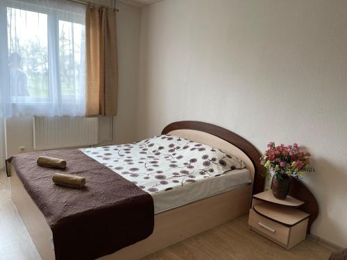 a bedroom with a bed in a room with a window at Apartamentų nuoma Baltijos perlas in Šventoji