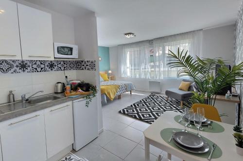 Il comprend une cuisine et un salon avec un lit. dans l'établissement Le Soléo, à Moussy-le-Neuf