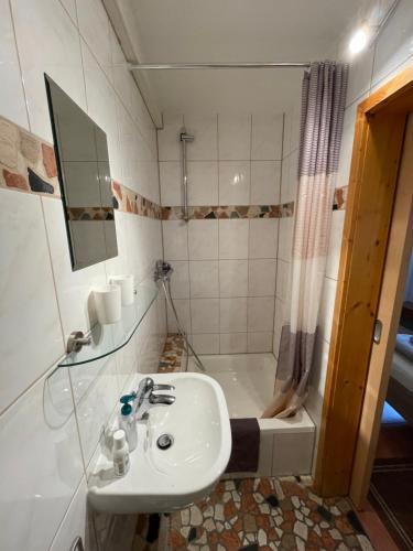 uma casa de banho com um lavatório e uma banheira em Gästehaus Stefan Koch em Rust