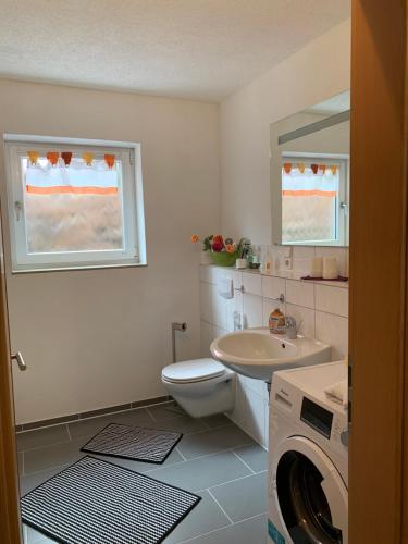 a bathroom with a washing machine and a sink at Kraichgauer - Cent in Reichartshausen