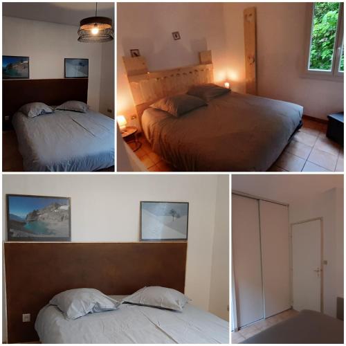 3 fotos de un dormitorio con 2 camas y una ventana en Providence, en Digne-les-Bains