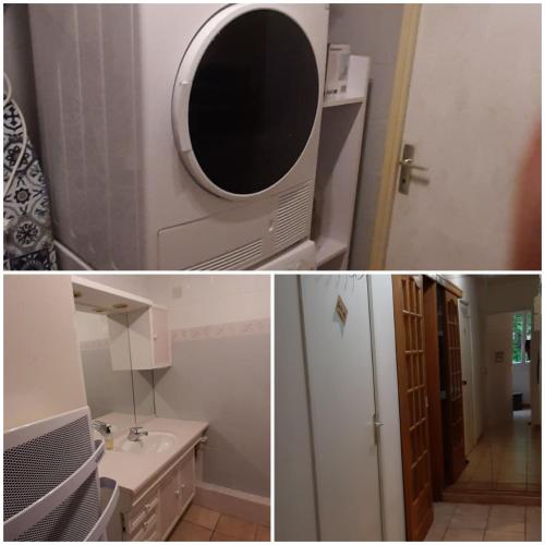 une cuisine avec un réfrigérateur blanc et un évier dans l'établissement Providence, à Digne-Les-Bains