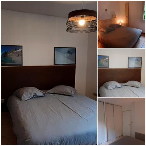 trois photos d'une chambre avec un lit et une lampe dans l'établissement Providence, à Digne-Les-Bains