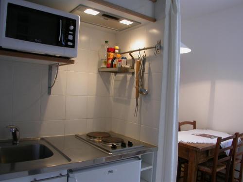 a small kitchen with a sink and a microwave at Les Studios de la Madeleine in Avignon