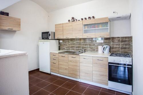 a kitchen with wooden cabinets and a white refrigerator at Ubytování Rožmberk nad Vltavou 18 in Rožmberk nad Vltavou