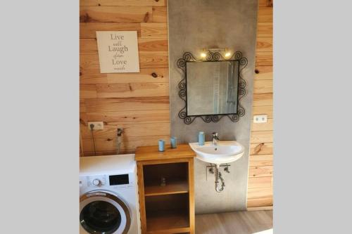 a bathroom with a washing machine and a sink at Le chalet des Oisaï in Wibrin