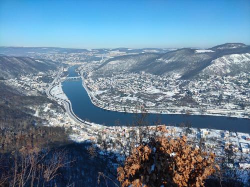 an aerial view of a city and a river at Olsinky in Ústí nad Labem
