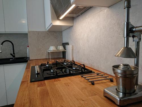 uma cozinha com um fogão e uma bancada de madeira em Warsaw Center's Apartment em Varsóvia