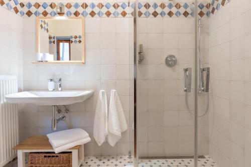 a bathroom with a shower and a sink at Babyka Apartments in Český Krumlov