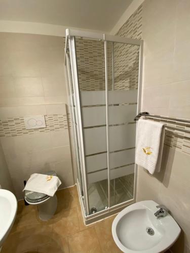 a bathroom with a shower and a toilet and a sink at Hotel Atena in Milan