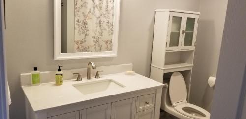 a white bathroom with a sink and a toilet at Lakehouse has Spectacular View plus Easy Access! in Rogers