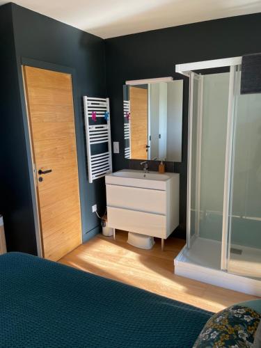uma casa de banho com um lavatório e um espelho em Appartement 1 Château La Rose des Vents em Puisseguin