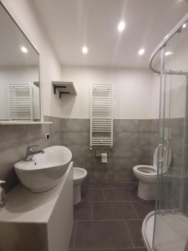 uma casa de banho com um lavatório, um WC e um chuveiro em Torre del Moro em Domodossola