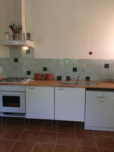 une cuisine avec des armoires blanches et un comptoir dans l'établissement Natuur en stilte in een bijzondere omgeving, à Thézac