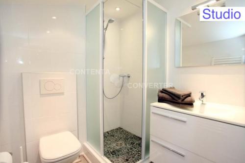 La salle de bains est pourvue d'une douche et de toilettes. dans l'établissement Appartements Cannes Centre Ville, à Cannes