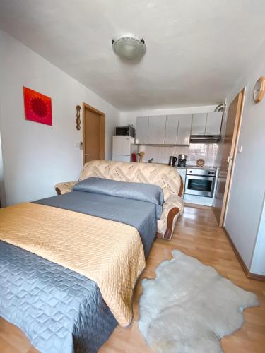 two beds in a small room with a kitchen at Apartma Mandala in Koper