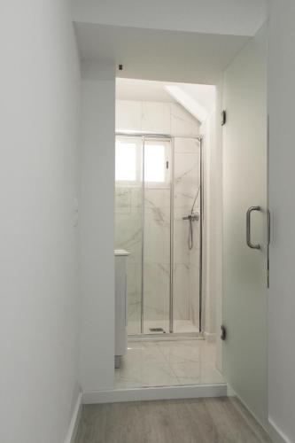 uma casa de banho com um chuveiro e uma porta de vidro em Nice and Cosy private apartment in Principe Real, Lisbon em Lisboa