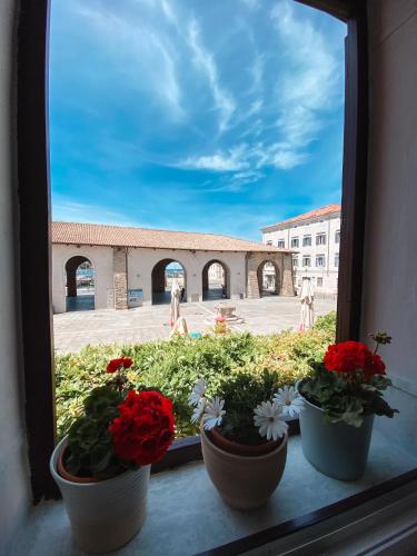 a window with three pots of flowers on a window sill at Apartma Mandala in Koper