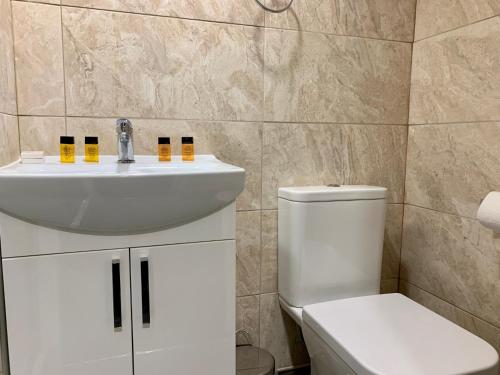 a bathroom with a sink and a toilet at De Regency Style Hotel in Redditch