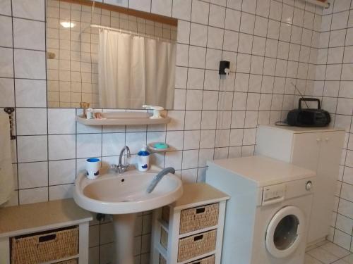 a bathroom with a sink and a washing machine at Tavasz Nyaraló in Poroszló