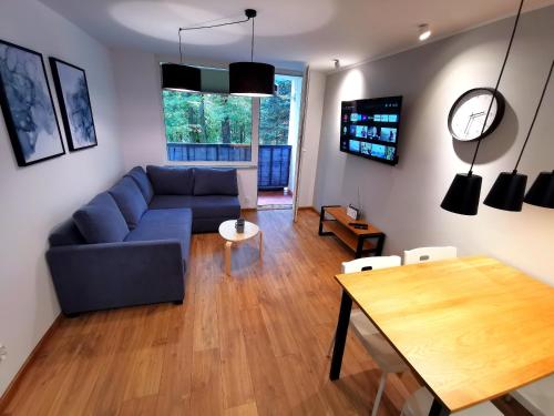 sala de estar con sofá azul y mesa en Apartament z Widokiem na Park en Polanica-Zdrój