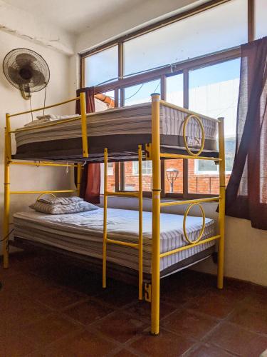 two bunk beds in a room with a window at Chanclas Hostel Vallarta in Puerto Vallarta