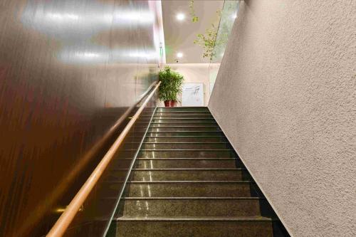 a stairway with a potted plant on top of it at Xingshe Alley Courtyard Hotel Beijing Wangfujing Forbidden City Branch - Breakfast included & English speaking reception & Free WiFi and Laundry room & Hutong Culture & Cat-keeping & Flower-growing Terrace & One day tour service & Free coffee in Beijing