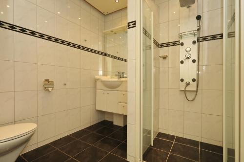 y baño con ducha, aseo y lavamanos. en Holiday home Zeelust, en Noordwijkerhout