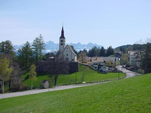 una pequeña ciudad con una iglesia en una colina en Hotel Gasthof Wieser, en Petersberg