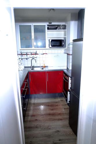 a small kitchen with red cabinets and a sink at Basislager Fieberbrunn in Fieberbrunn