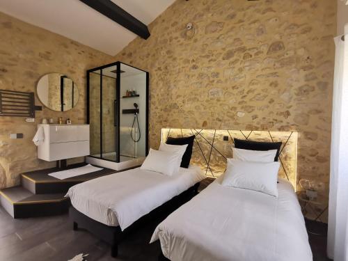 a bedroom with two beds and a sink and a mirror at Le Domaine du Grand Cru in Vagnas