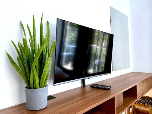 a flat screen tv sitting on a wooden table with a plant at Urban Habitat Executive Suites in Nicosia