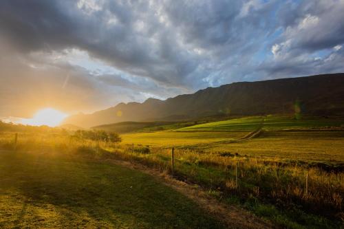 a sunset over a field with mountains in the background at Appelsbosch Guest Farm in Swellendam