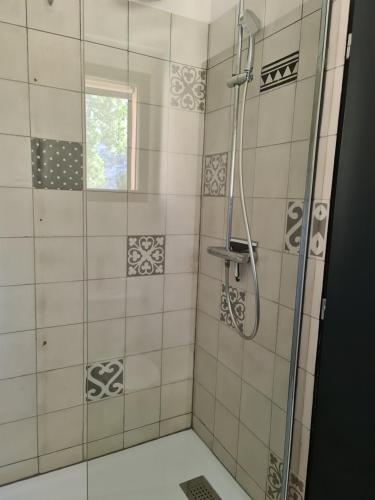 Évenosにあるle gîte des cadièresのバスルーム(ガラスドア付きのシャワー付)