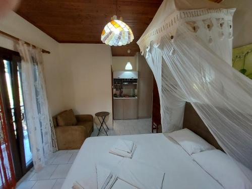 a bedroom with a white bed with a canopy at Mavra Studios in Lygia