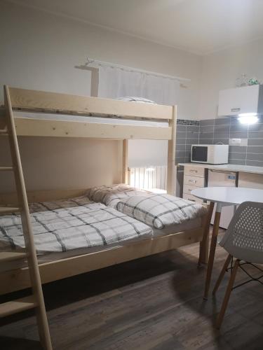 a bedroom with a bunk bed and a table at Penzion-Cukroška in Hlušovice