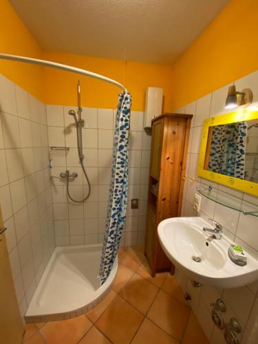 y baño con bañera, lavamanos y ducha. en Ferienwohnung Südliche Weinstraße zwischen Wald und Reben en Klingenmünster