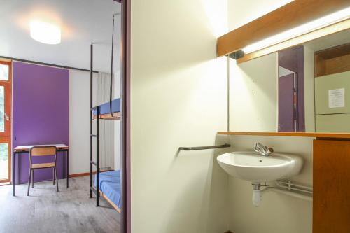 AUBERGE DE JEUNESSE DU MOULIN BLANC في بريست: حمام مع حوض وسرير بطابقين