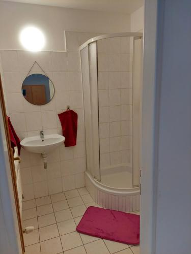 ein kleines Bad mit einer Dusche und einem Waschbecken in der Unterkunft Lagúna ubytovanie in Nemšová