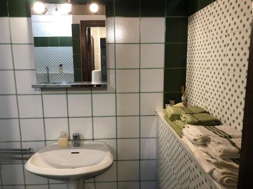 La salle de bains est pourvue d'un lavabo et d'un miroir. dans l'établissement Podere Pruneto, à Radda in Chianti