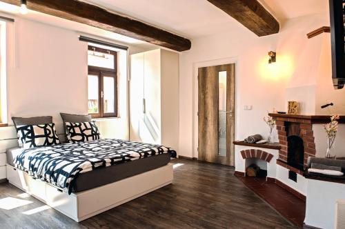 a bedroom with a bed and a fireplace at APARTMÁNY za divadlem in Broumov