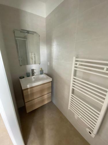 La salle de bains est pourvue d'un lavabo et d'un miroir. dans l'établissement Villa Camille, à Prunelli-di-Fiumorbo