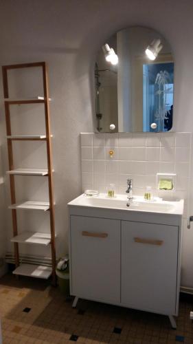 une salle de bain avec un lavabo et un miroir dans l'établissement Gîte de La Garenne, à Cozes